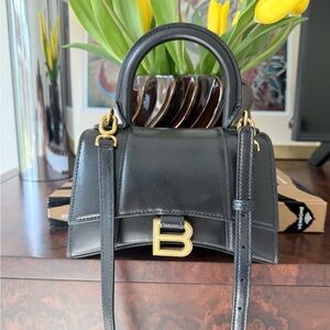 Balenciaga Black Mini Hourglass Top-Handle Bag with Gold B Logo